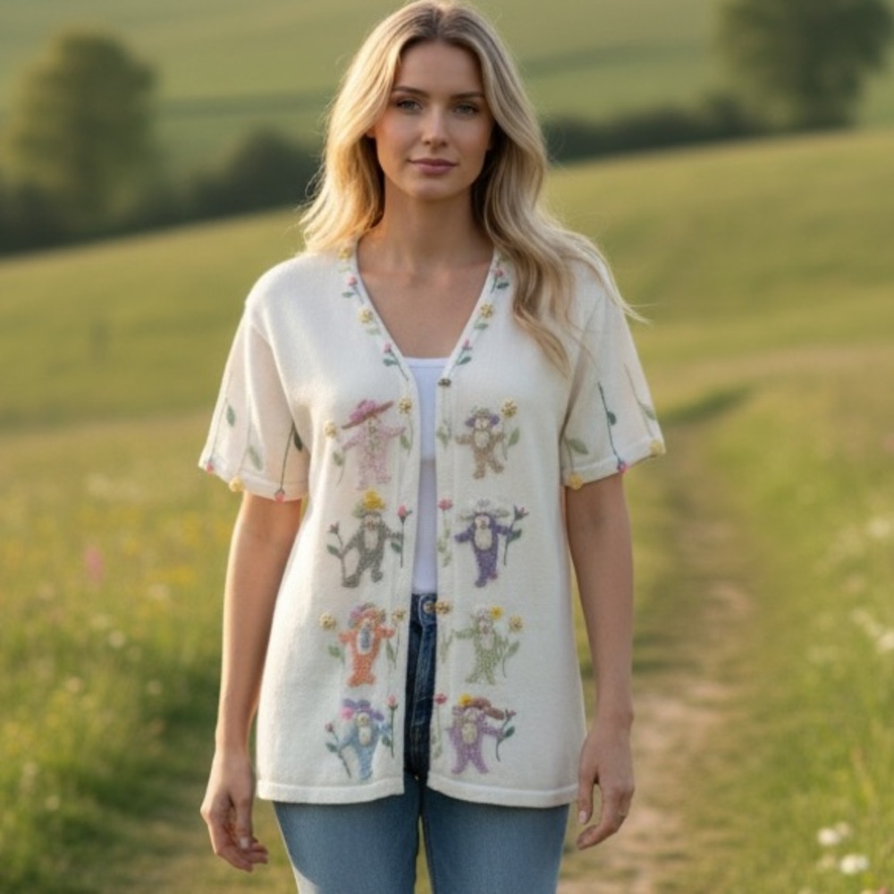 Storybook Knits Cream Floral Button Down Sweater